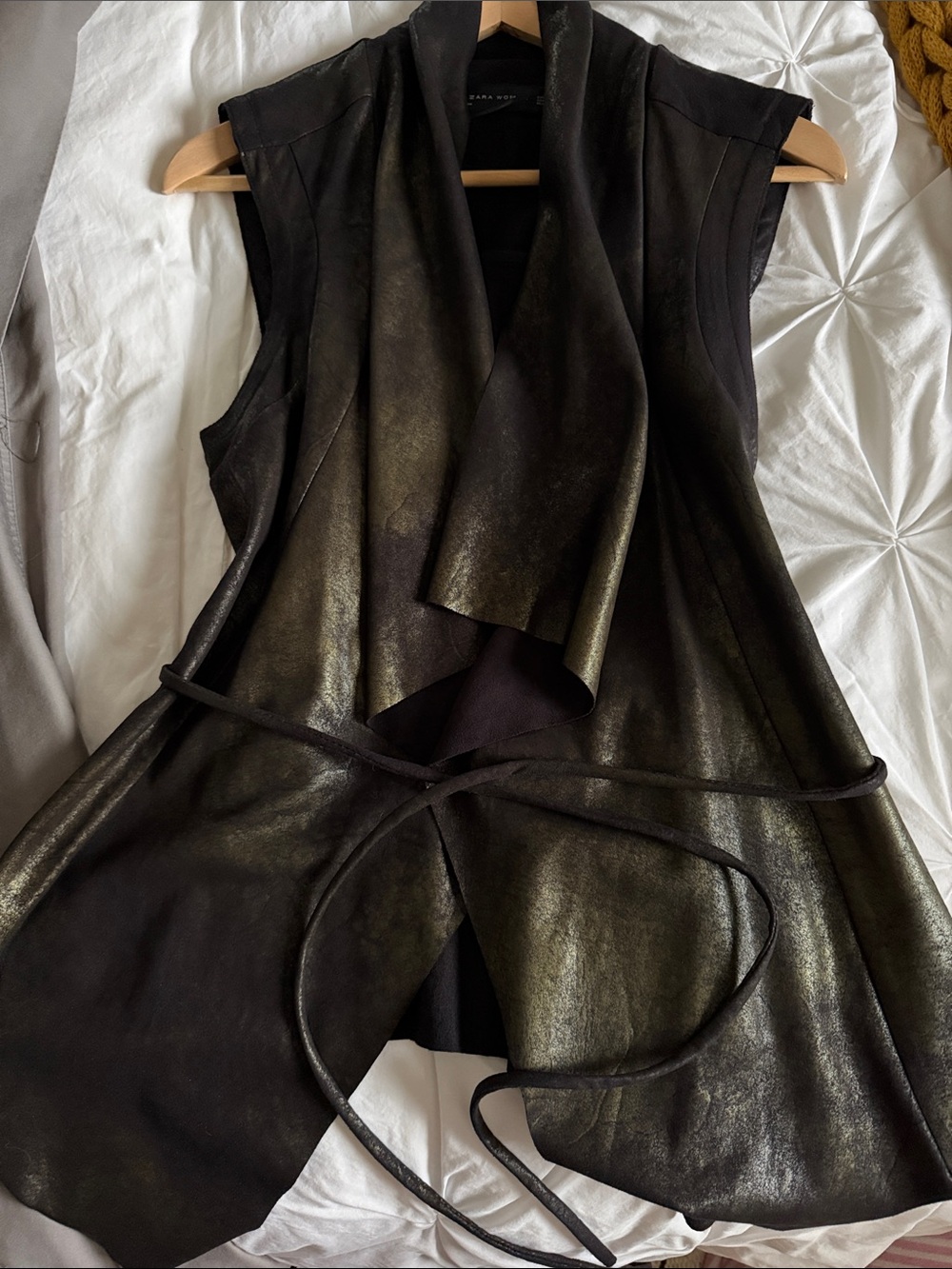 NWOT ZARA Black Sleeveless Draped Leather-Look Vest with Self Tie